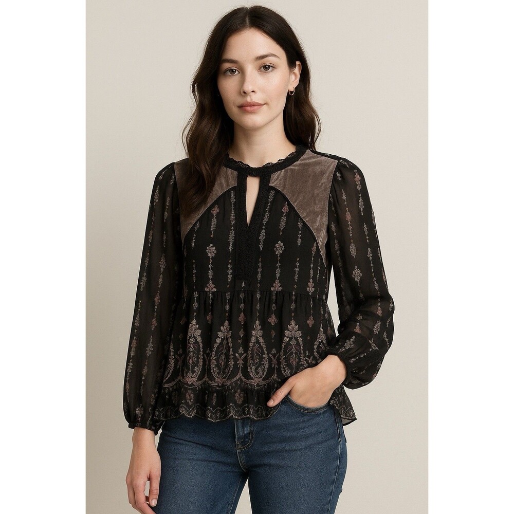 Knox Rose Sheer Floral Blouse XS Crushed Velvet Yoke Boho Fairycore Goth Witchy